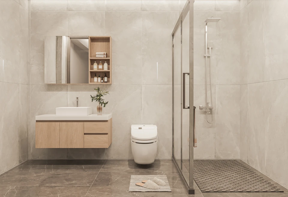 Int&eacute;rieur de salle de bain moderne, armoire de salle de bain moderne, &eacute;vier blanc, comptoir en bois, accessoires de salle de bain et douche, rendu 3D