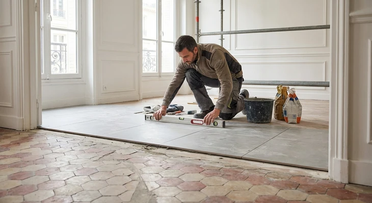 Rénovation intérieure d'un appartement haussmannien montrant l'avant-après d'une pièce en cours de restauration