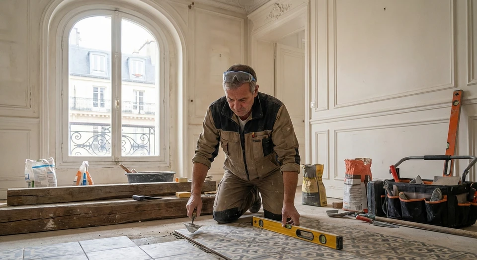 Un homme en t-shirt blanc installe des carreaux de faïence blanche rectangulaire en format métro sur un mur intérieur