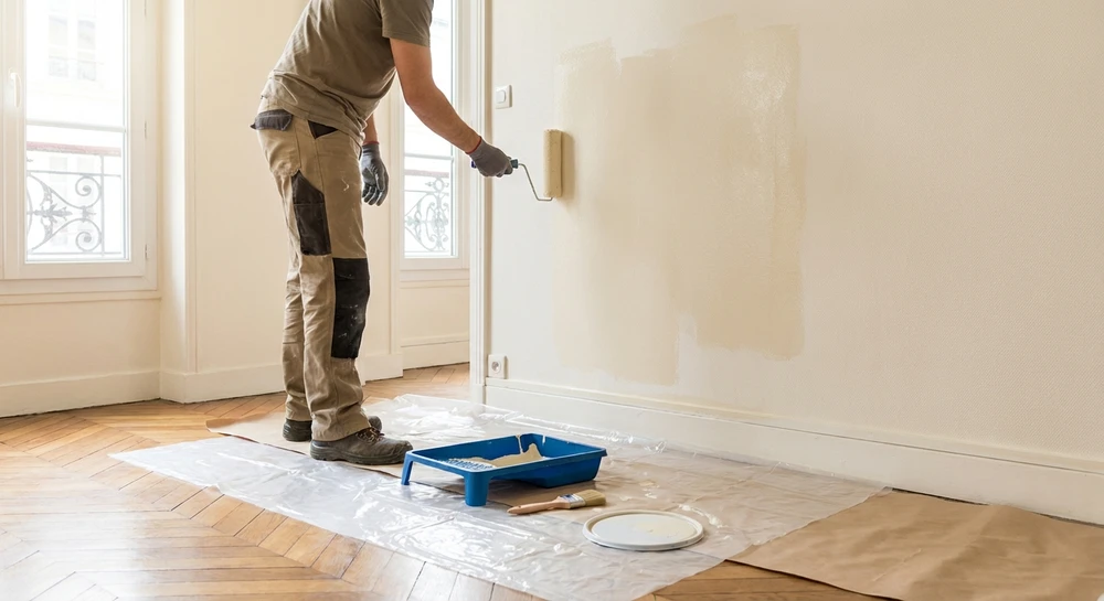 Scène d'intérieur de rénovation avec escabeau métallique et seau blanc contenant outils de peinture