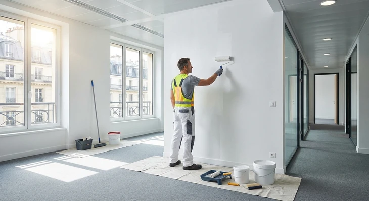 Deux ouvriers du service professionnel de rénovation domiciliaire peignent des murs gris clair dans un grand salon lumineux à l'intérieur d'une maison ou d'un appartement moderne