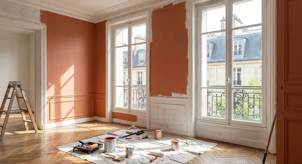 Intérieur professionnel avec peintre appliquant de la peinture blanche sur un mur à l'aide d'un rouleau
