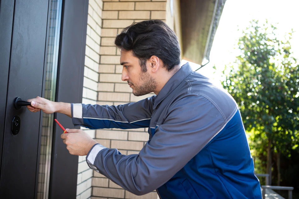 Une personne manipule des outils de crochetage sur une serrure de porte intérieure