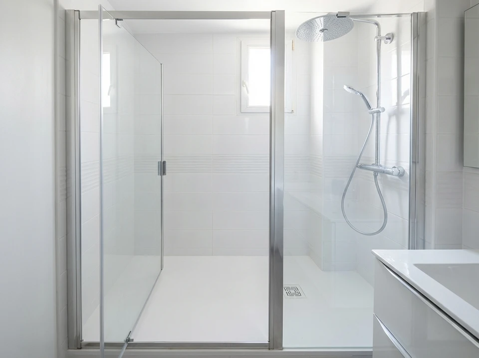 Plombier en combinaison bleue inspecte robinetterie de baignoire blanche avec tablette rouge dans salle de bain carrelée blanc