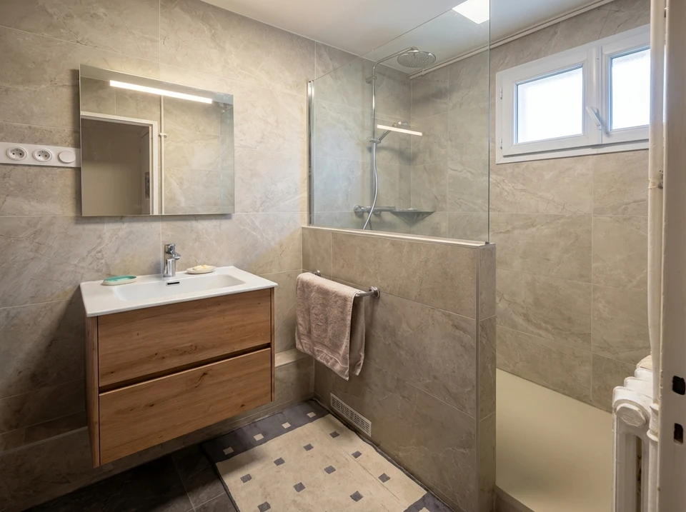 Pièce en cours de rénovation avec division nette entre partie restaurée et non restaurée