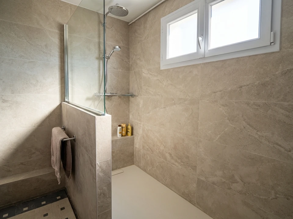 Appartement vide en cours de finition avec murs blancs fraîchement peints, sol en chape béton brut, grande baie vitrée avec vue urbaine sur immeubles résidentiels