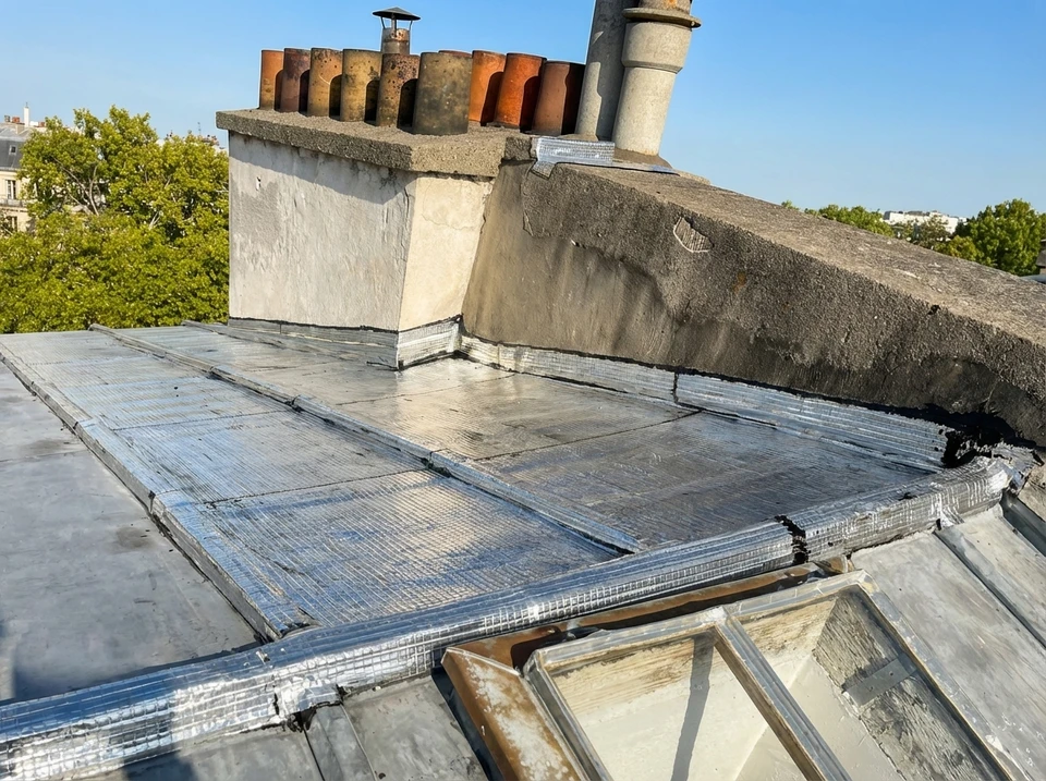 Chantier de construction résidentielle en cours, structure bois lamellé-collé avec charpente apparente et couverture zinc joint debout