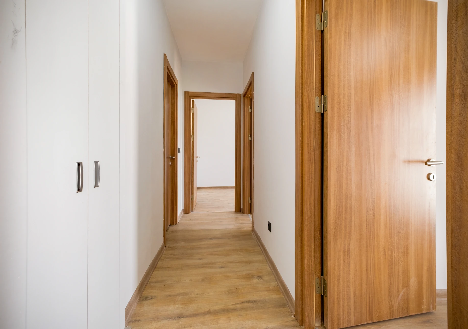 Intérieur résidentiel moderne avec porte d'entrée blanche à trois panneaux moulurés, poignée chromée